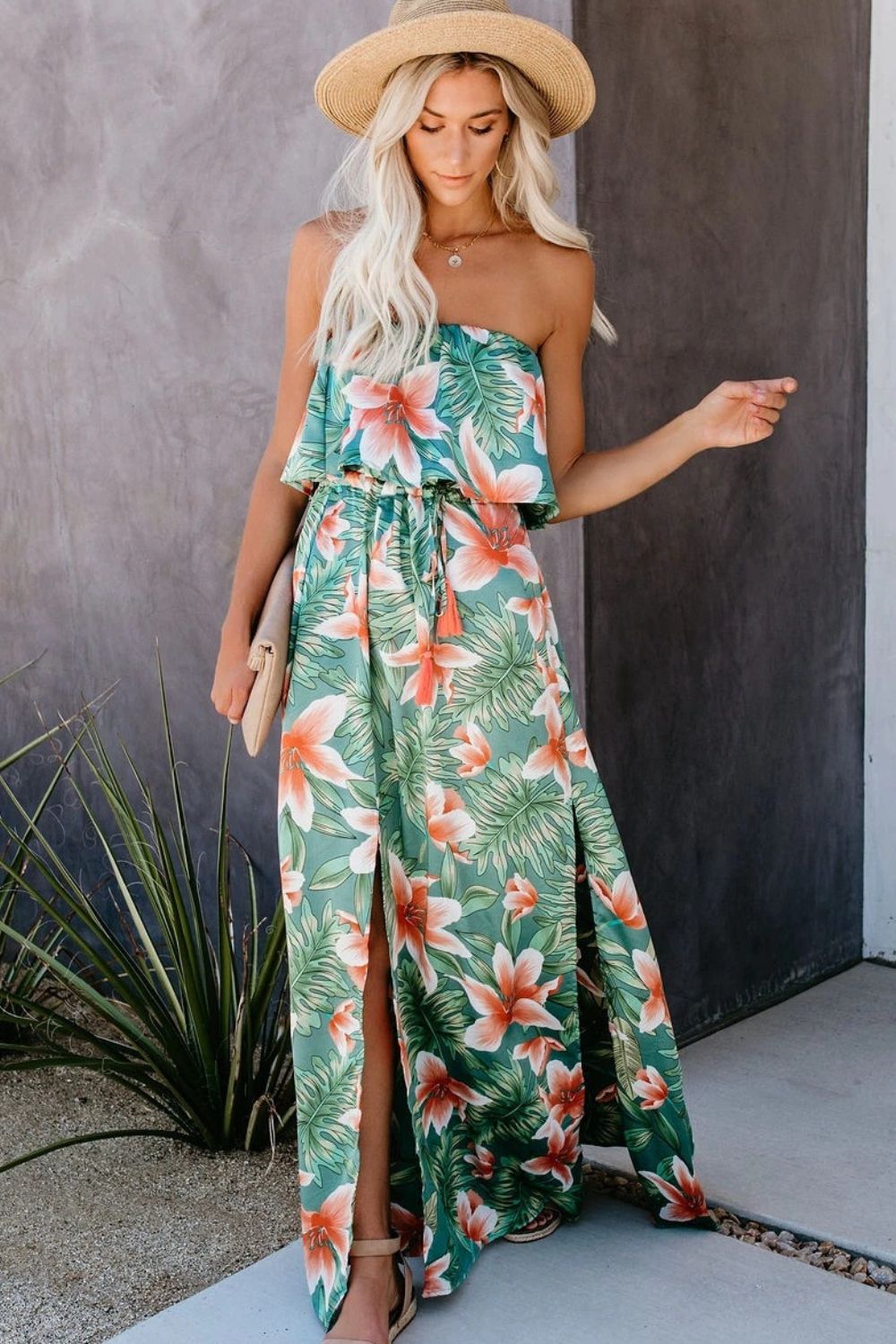 Slit Tropical Sleeveless Tube Dress - store name